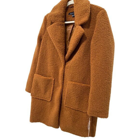 New French Connection Faux Fur Cognac Teddy Coat Sz Small - Picture 3 of 7